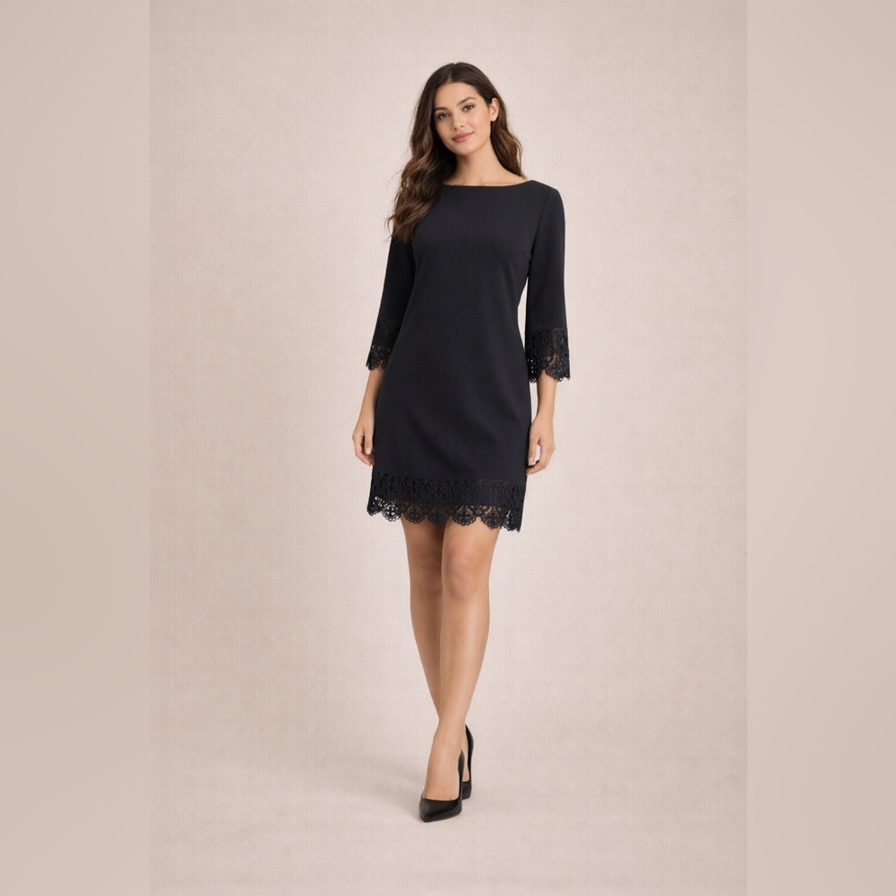 ECI NY Black Lace Trim Shift‎ Dress Size 8 Elegant Stretch NWT